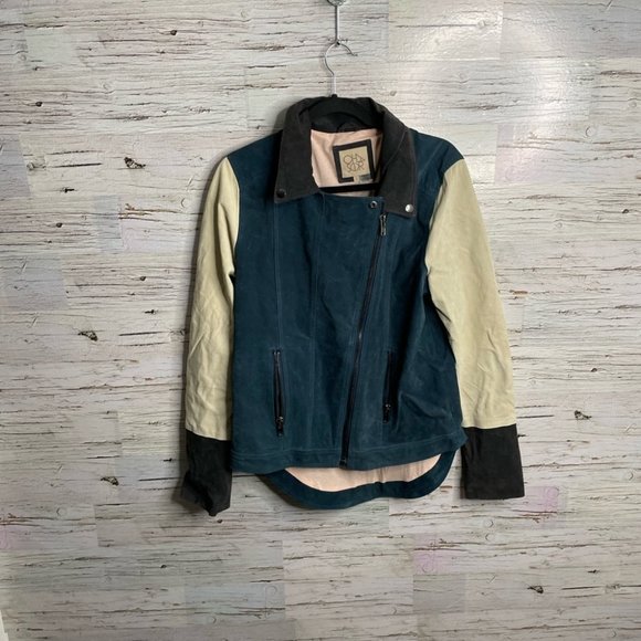 CHASER cream blue suede biker moto jacket size large - Picture 2 of 13